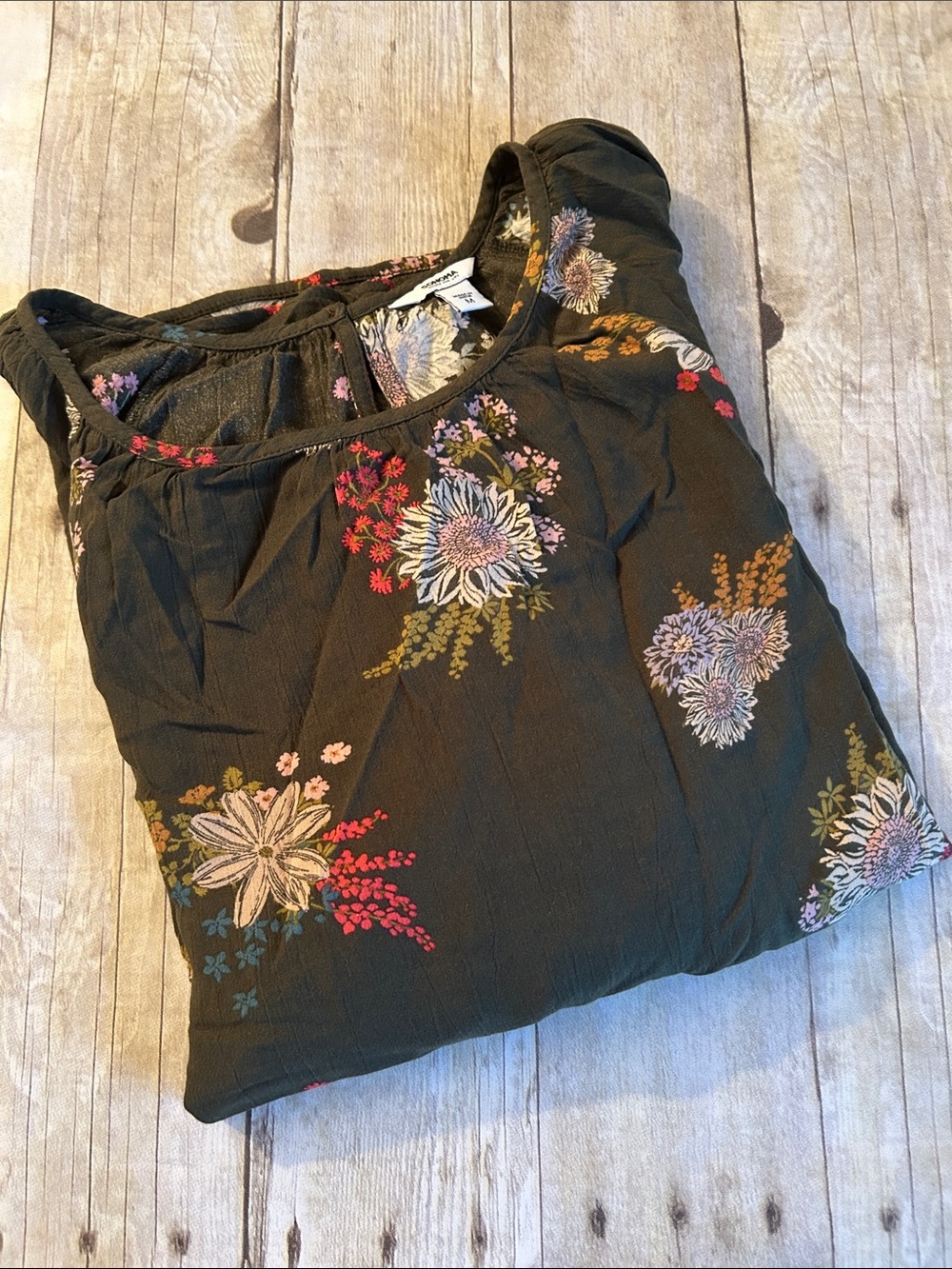Sonoma Olive Green Floral Peasant Blouse